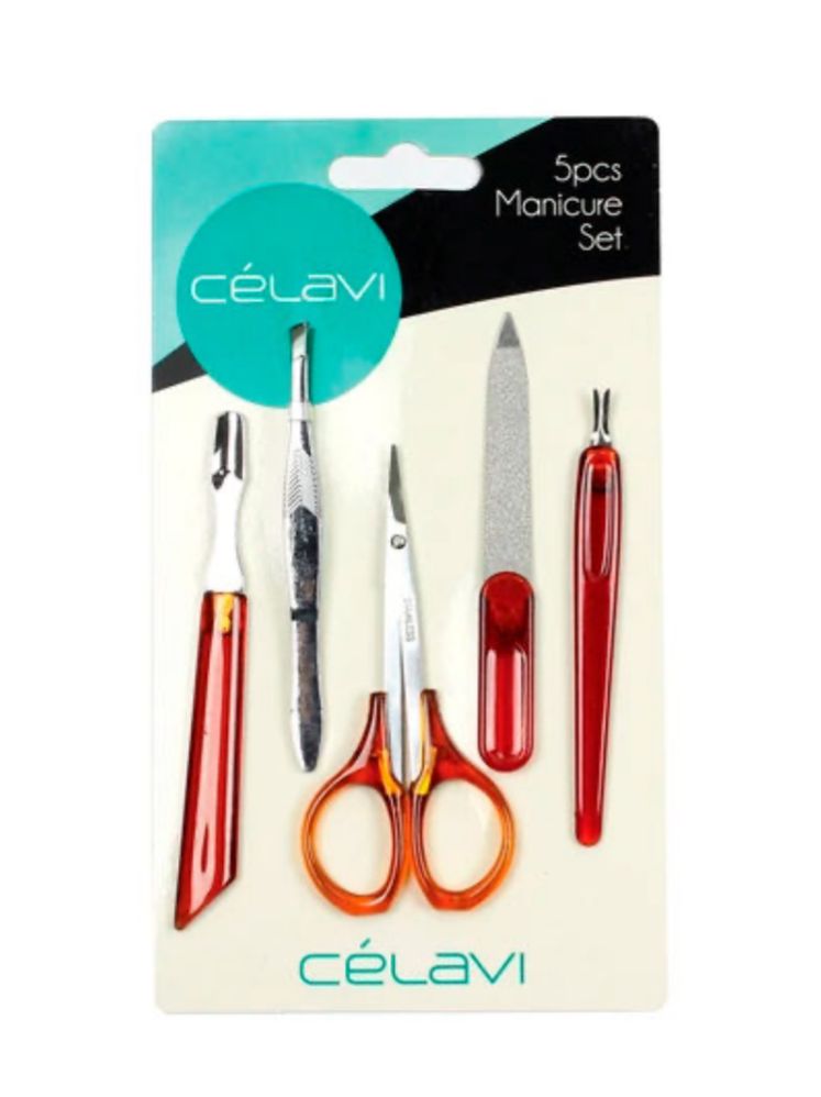Celavi 5pcs Manicure Set Cuticle Scissors/ Trimmer/Nail File/ Tweezer/Pusher